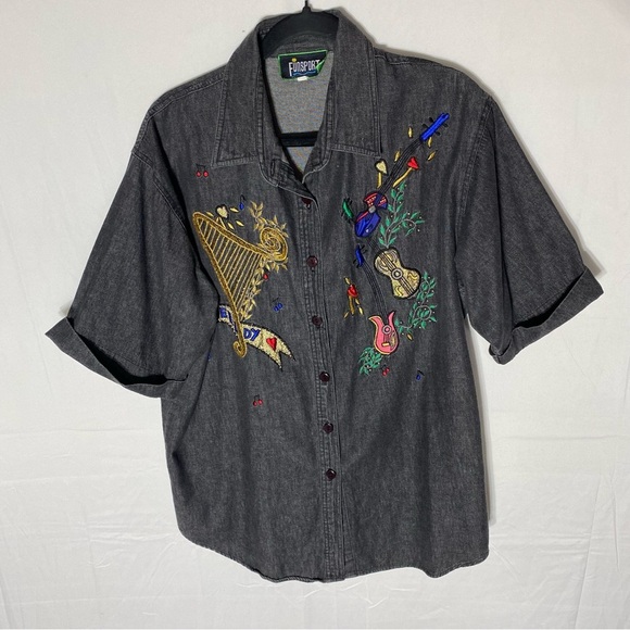 Vintage Funsport Black Embroidered Chambray Short Sleeve Button Up Top L - Picture 13 of 13